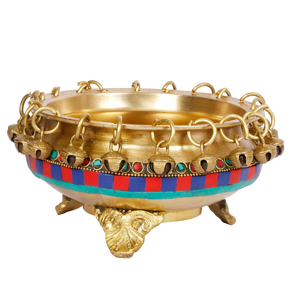 ARTVARKO™ Brass Urli Bowl with Bells Gemstone Work Ethnic Design Pot for Home Decor Temple Room, Gift 6 Inch