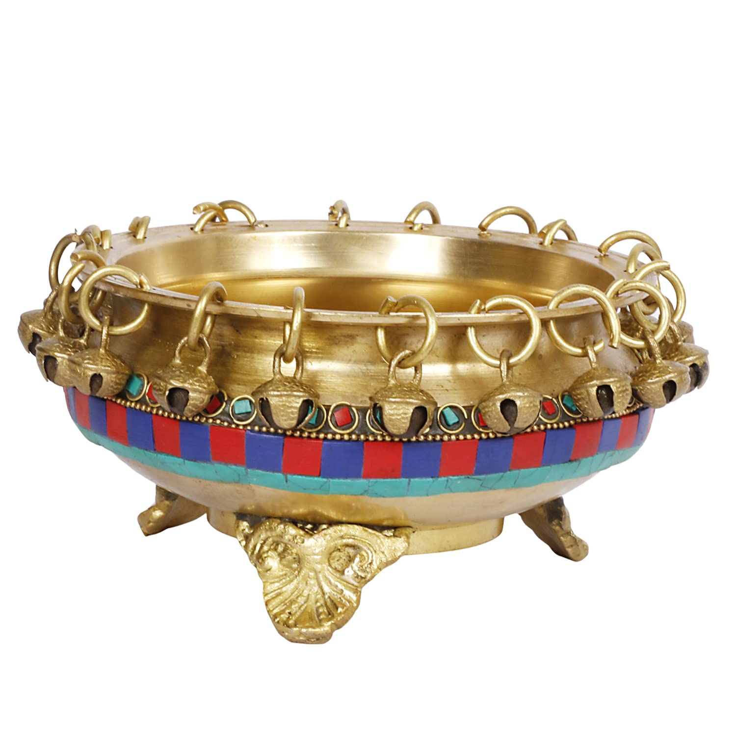 ARTVARKO™ Brass Urli Bowl with Bells Gemstone Work Ethnic Design Pot for Home Decor Temple Room, Gift 6 Inch