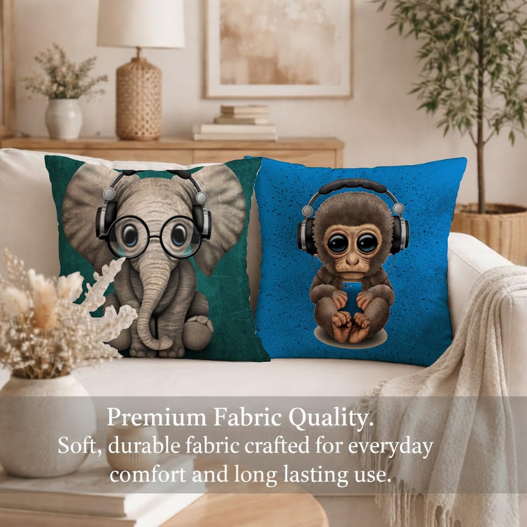 STITCHNEST Set of 2 Jute Cushion Covers – 12x12 Inches – Nerdy Elephant & Music Lover Monkey Prints – Designer Decorative Pillow Covers for Sofa, Living Room & Bedroom | Perfect for Home Decor