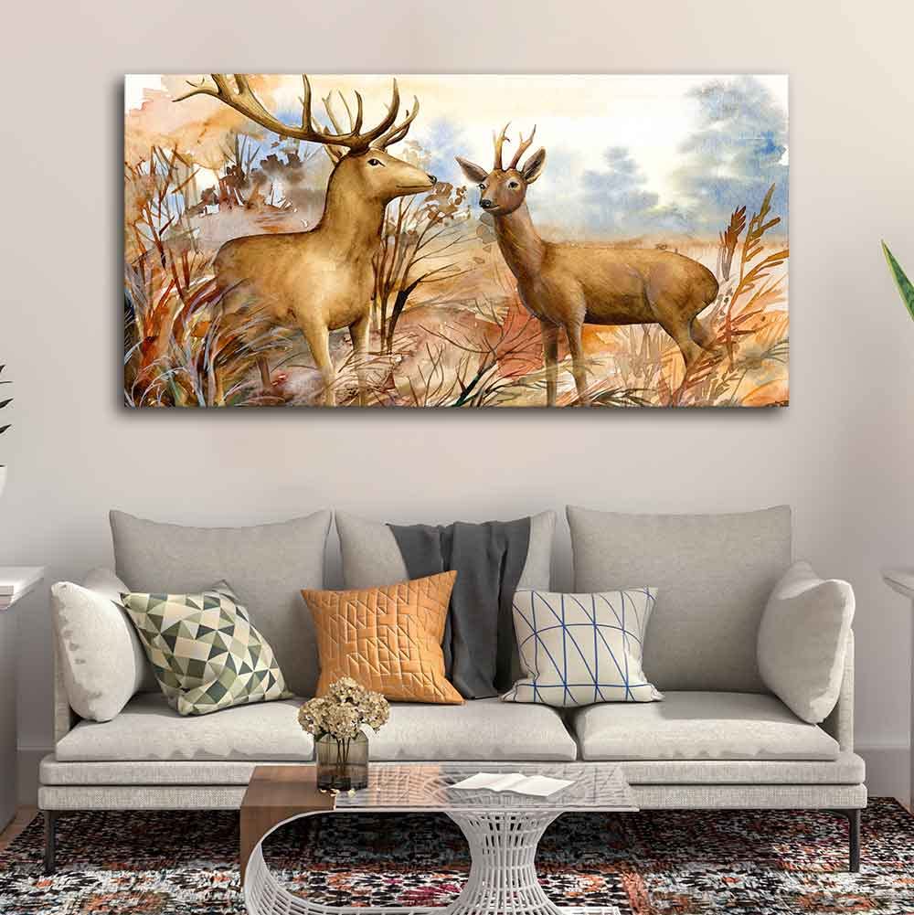 VIBECRAFTS Canvas Paintings for Living Room Drawing Room Pair Of Deer In The Forest Canvas Wall Painting Fitted With Wooden Frame For Home | Office | Living Room | Gift (PTVCH_2461)