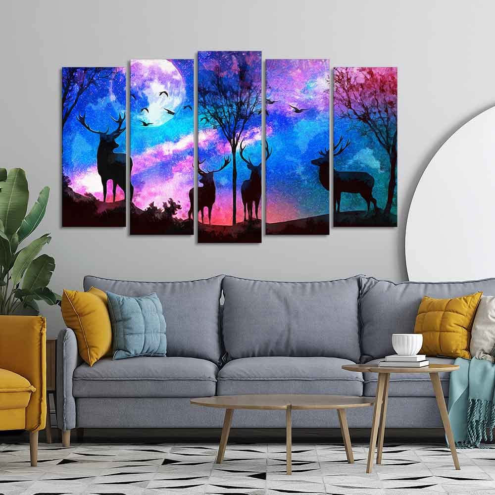 VIBECRAFTS Deer Silhouette Colorful Sky Wall Painting of Five Pieces Set For Home|Office|Living Room|Gift (PTVC5Pcs2_6550)