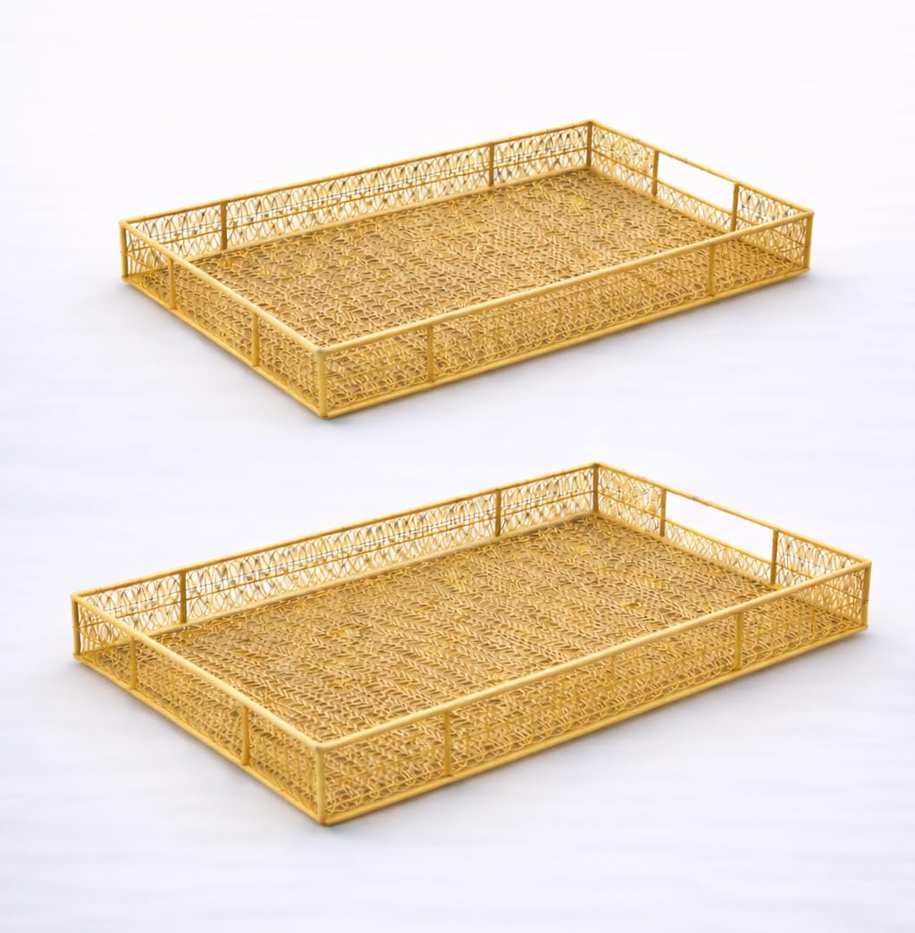 Gold Metal Wire mesh Tray Set of 2 Decorative Serving Trays | Wedding Gift Tray | Hamper Basket | Return Gift Platter | Festive, Pooja & Home Décor Use