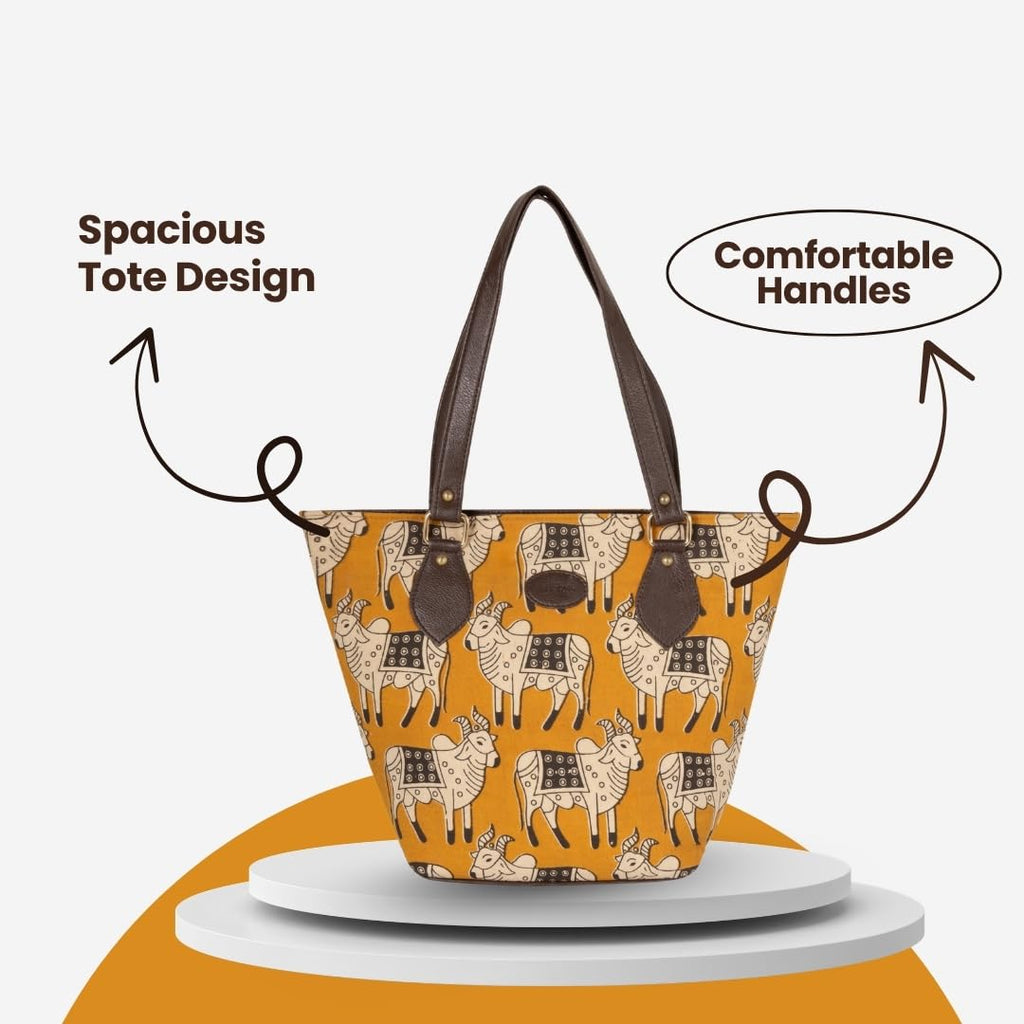 MUMBAI AT HERITAGE Adaa Women's Canvas Tote Bag with Traditional Pichwai Cow Motif Print, Large Capacity Shoulder Handbag with Faux Leather Straps for College Office Travel, Mustard Yellow