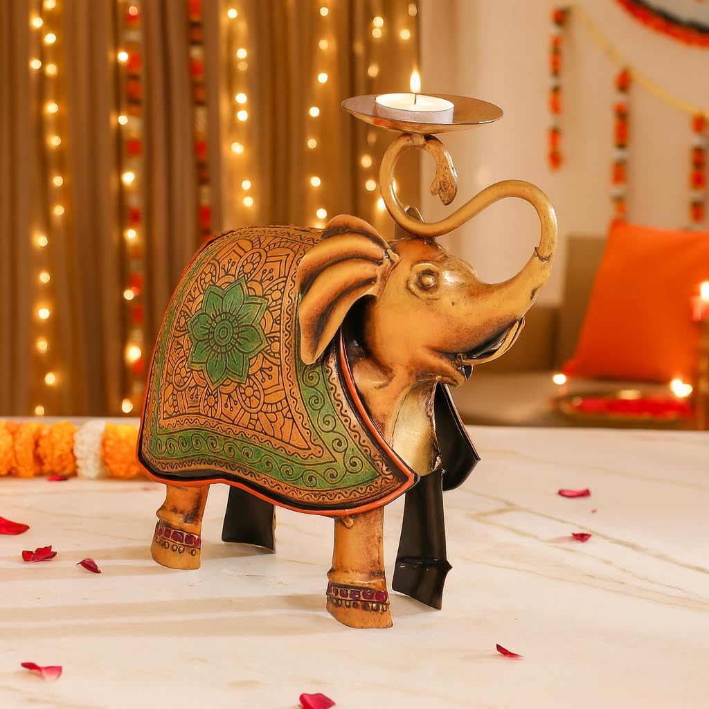 CraftVatika Metal Elephant Statue Tea Light Candle Holder Stand Decorative Showpiece for Home House Decoration Items, Tabletop Showpiece Tealight Holder, Wedding Diwali Decorations