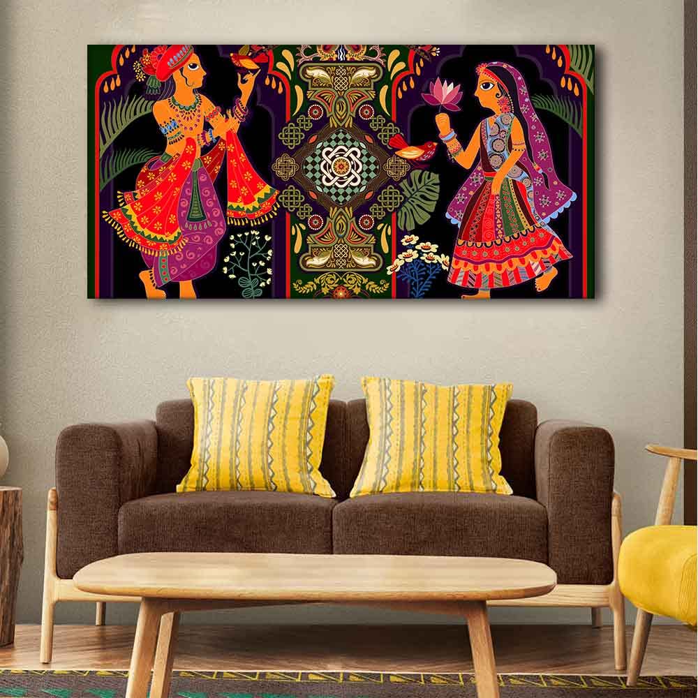 VIBECRAFTS Canvas Paintings For Living Room Drawing Room Man And Woman in Garden Rajasthani Pictorial Wall Art Fitted with Wooden Frame for Home|Office|Gift(PTVCH_2257NN)
