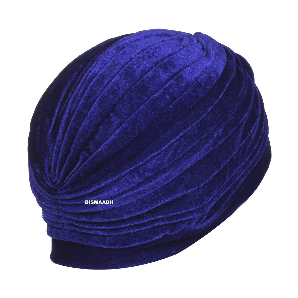 BISMAADH Velvet Soft Pleated Pre Tied Knot Readymade Turban/Pagri Head Wraps for Men & Women Royal Blue