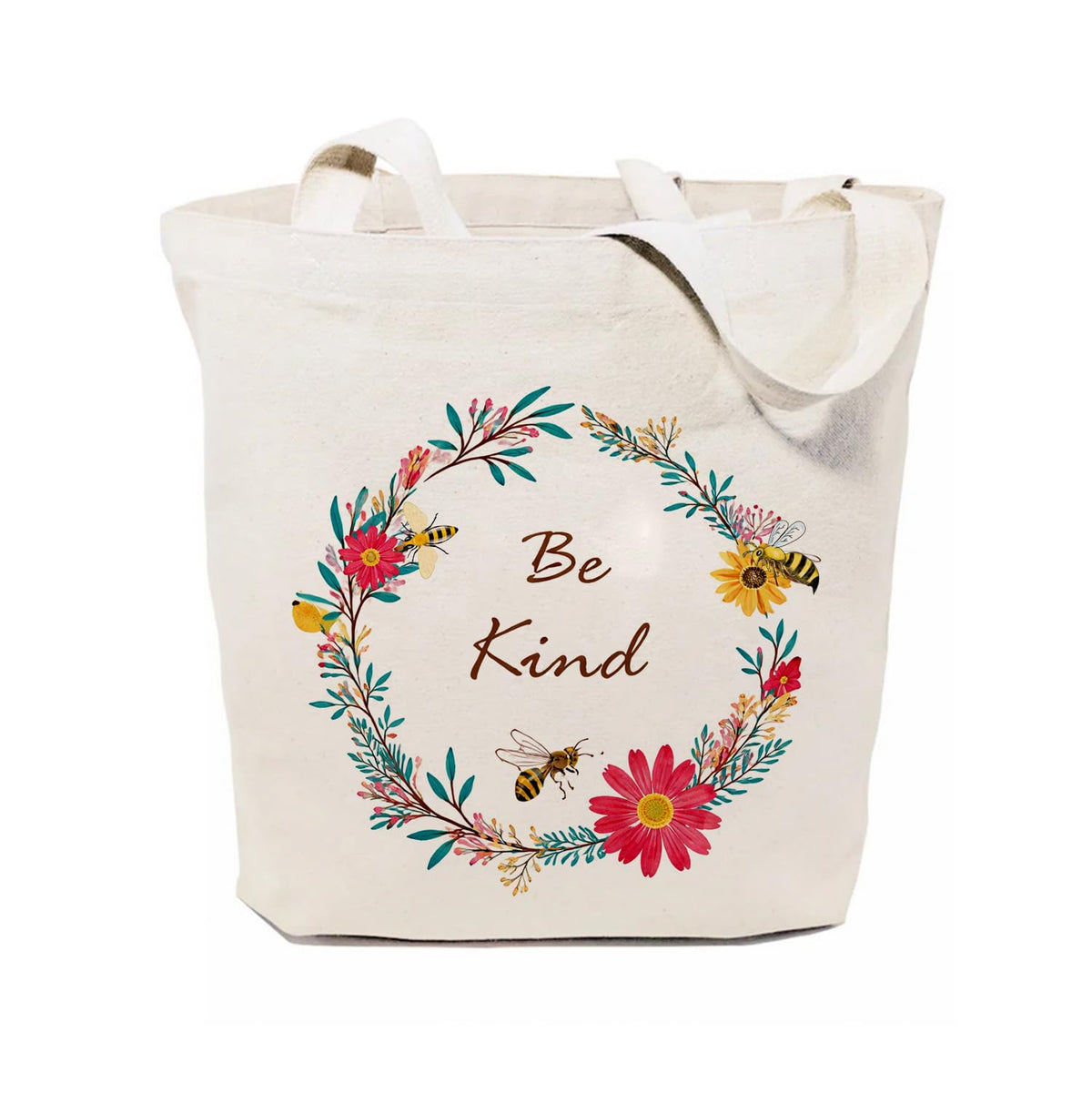 Heu Floral Wreath Canvas Tote Bag with “Be Kind” Print | Eco-Friendly Reusable Cotton Shoulder Bag | Stylish Inspirational Shopping Tote for Women