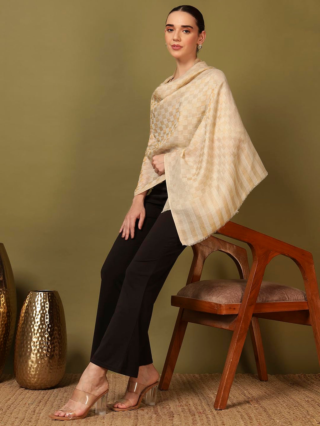 Pashmoda Women Champagne Check Reversible Zari Moonlight Fine Wool Stole (Size : 28x80in, 71X203cm) ZSST02