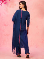 ETHNIFLAIR Women Blue Floral Embroidered Regular Aari Work Pure Cotton Kurta with Pant & Dupatta Set