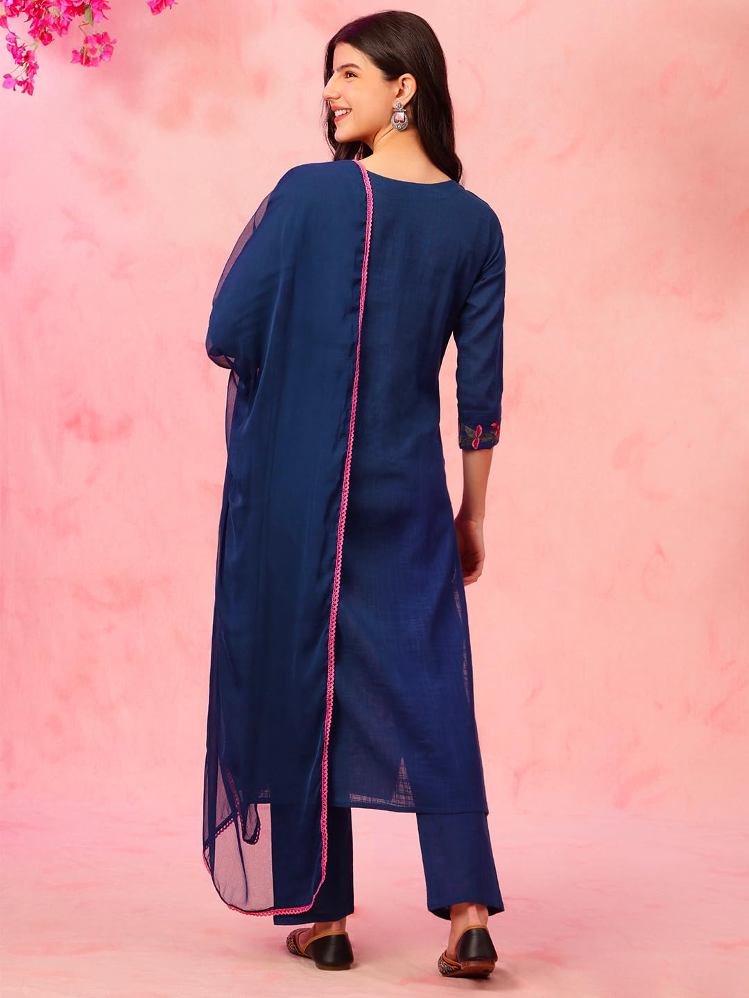 ETHNIFLAIR Women Blue Floral Embroidered Regular Aari Work Pure Cotton Kurta with Pant & Dupatta Set