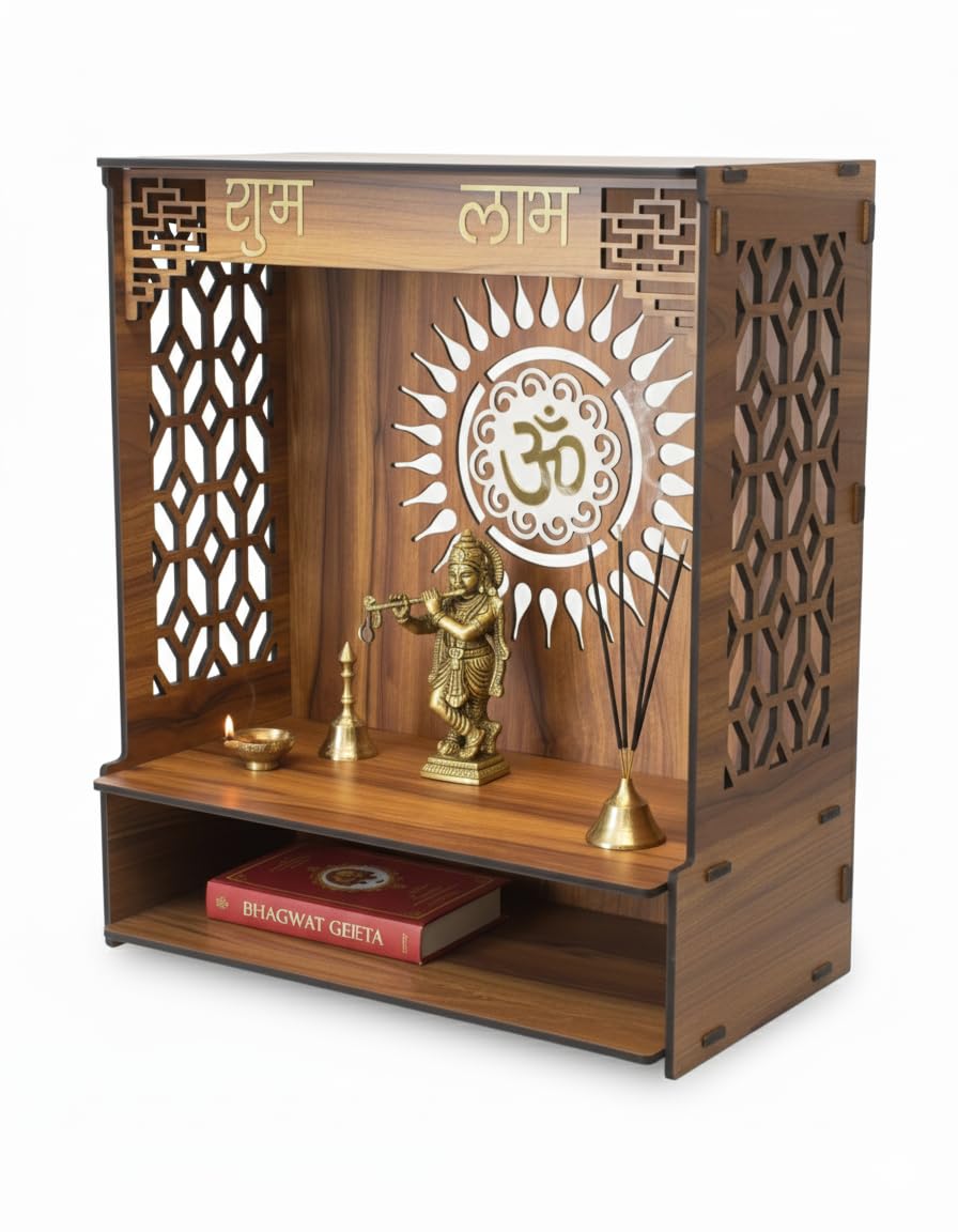 Royal Walnut Finish Wooden Pooja Mandir | Wall Mounted Home Temple with LED Lights & Spacious Storage | Premium Handcrafted Puja Unit (37.5 * 29 * 25 CM) (Large) A8