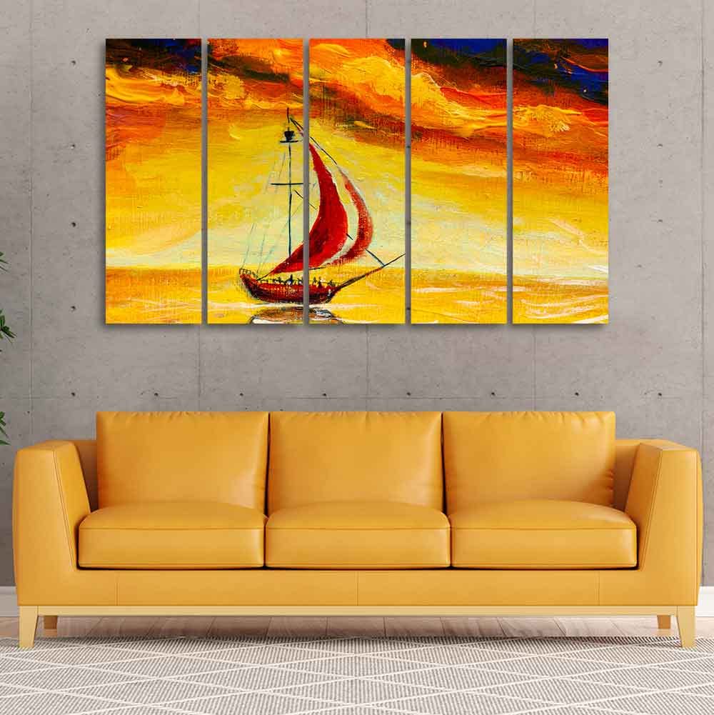 VIBECRAFTS Sailing Ship with Red Sails Five Pieces Wall Painting For Home|Office|Living Room|Gift (PTVC5Pcs4_8653)