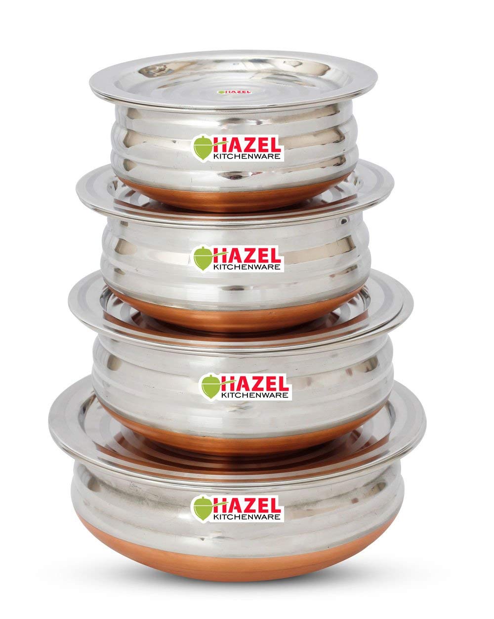 HAZEL Copper Bottom Uruli with Lid | Stainless Steel Biryani Cooking and Serving Pot Set of 4 (800 ML, 1200 ML, 1600 ML, 2000 ML)