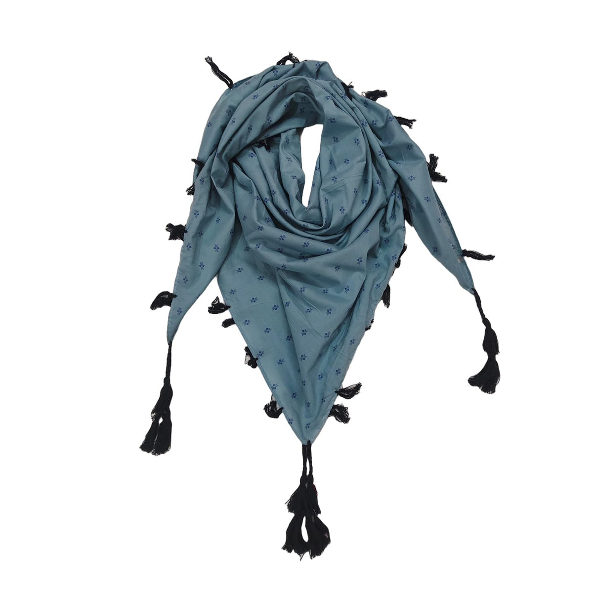 PRACWAL Cotton Scarf, Blue Printed Pattern with Tassels, Plain Casual Style, 100x100 cm