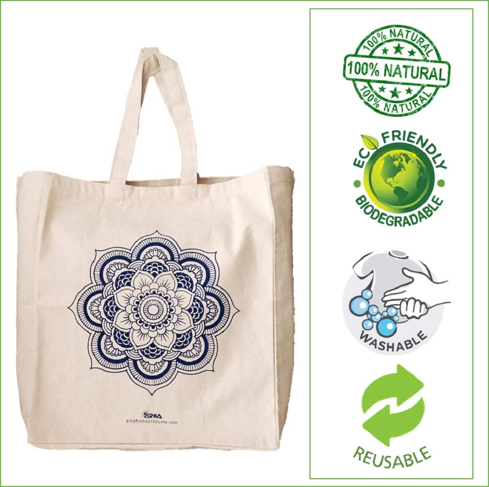 Arka Home Products 100% Cotton Reusable Printed Shopping Bags Tote Bag (Set of 2 - Warli & Mandala Flower Prints, Size 16 X 14 X 4)