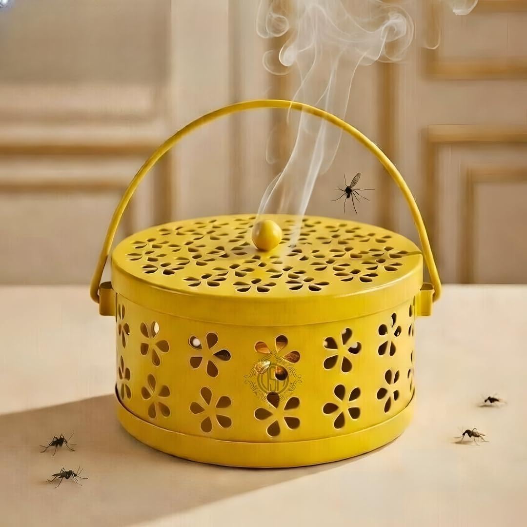 DSH Metal Mosquito Coil Holder with Lid & Handle Ash Catcher Stand for Mosquito Coil Indoor Outdoor Safe Use (Yellow)
