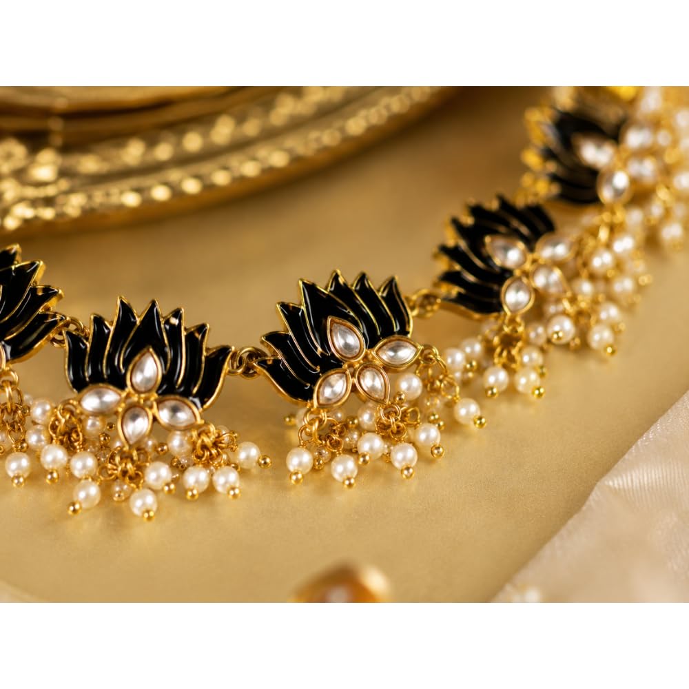 Traditional Black & Gold Lotus Design Necklace Set for Women | Adjustable Dori | Handmade Ethnic Jewelry with Matching Earrings | Wedding, Festival