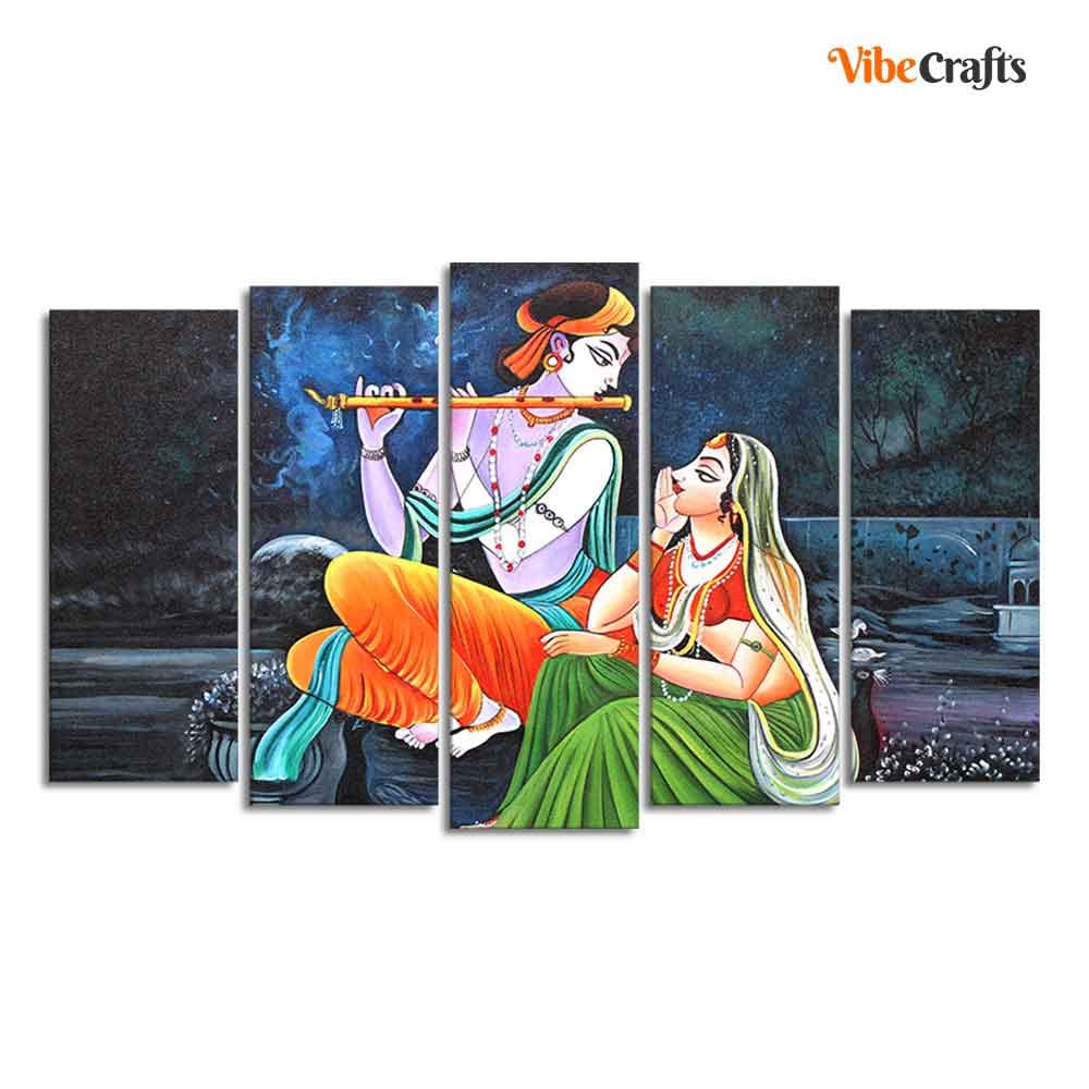 VIBECRAFTS Radha Krishna in Dark Forest Set of Five Pieces Wall Painting For Home|Office|Living Room|Gift (PTVC5Pcs2_6578)