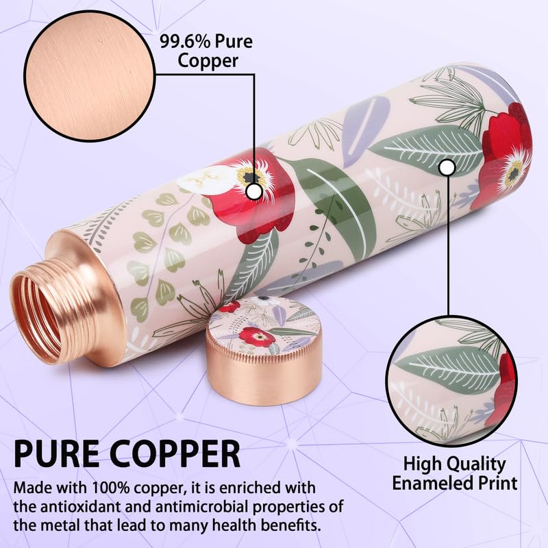 MERCAPE® Pure Copper Water Bottle 900 ml with Leak Proof Lid | Multi Color Floral Printed Designer Tamba Bottle for Home, Office, Gym & Travel | BPA Free Reusable Water Bottle for Daily Use