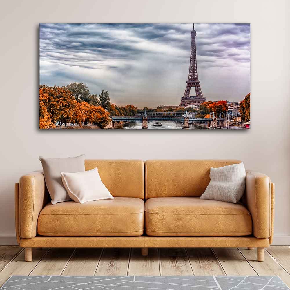 VIBECRAFTS Canvas Paintings for Living Room Drawing Room Eiffel Tower And Seine River Canvas Wall Painting Fitted With Wooden Frame For Home | Office | Living Room | Gift (PTVCH_2462)
