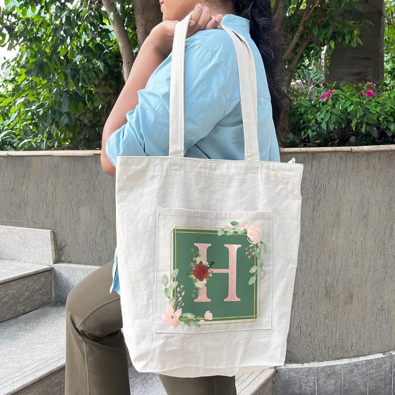 Zoomin Spacious Cotton Tote Bag with Zip Closure and Double Inner Pockets | Soft Fabric Shopping Bag with 60cm Long Handle | Multipurpose For Travel or Daily Essentials (Design - Bouquet Monogram H)