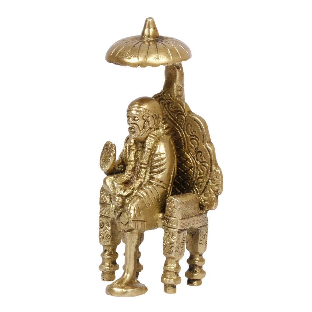ARTVARKO Brass Blessing Shirdi Sai Baba Sitting on Chatra Singhasan Statue Religious Harmony Gift Spiritual Home Décor & showpiece 4.25 Inch