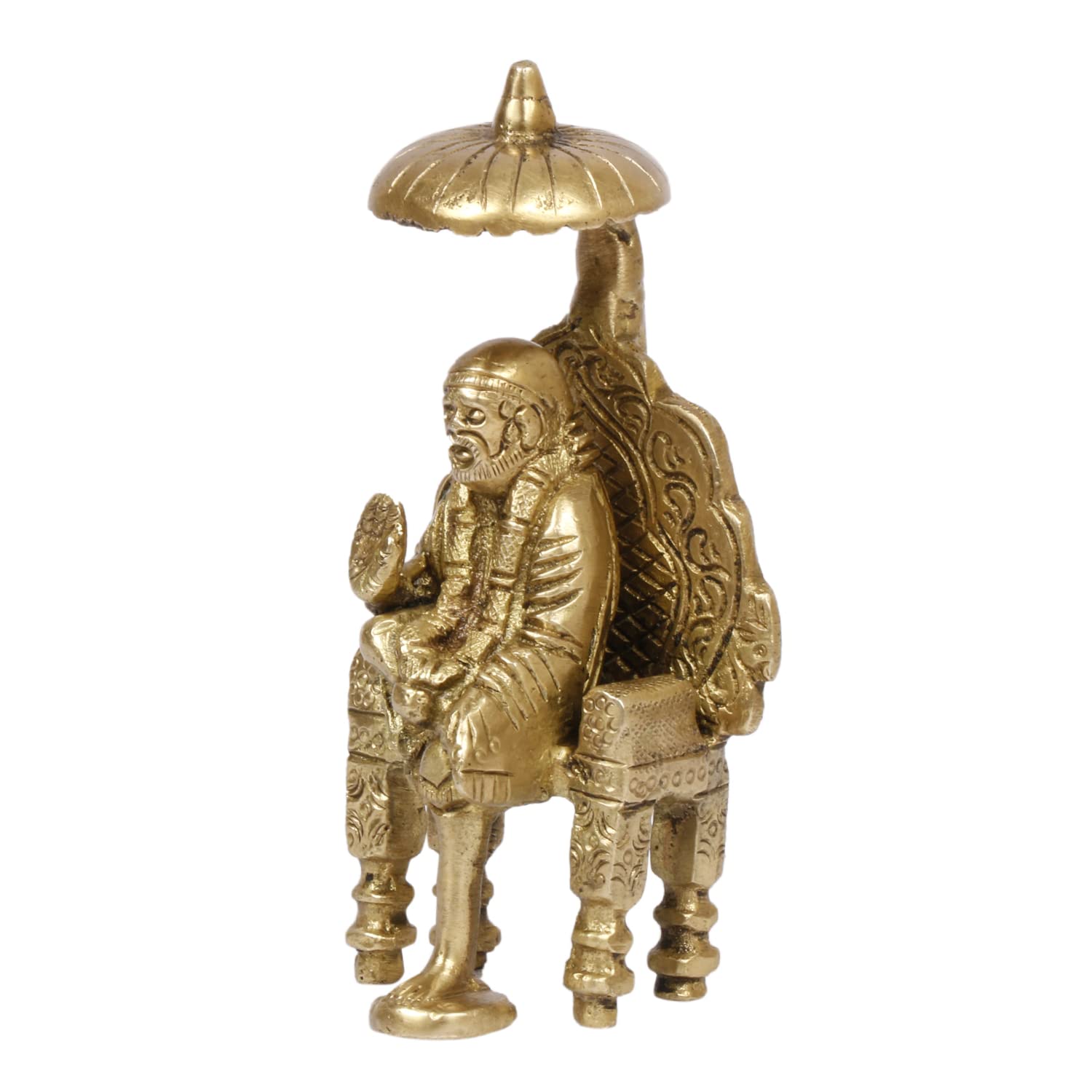 ARTVARKO Brass Blessing Shirdi Sai Baba Sitting on Chatra Singhasan Statue Religious Harmony Gift Spiritual Home Décor & showpiece 4.25 Inch