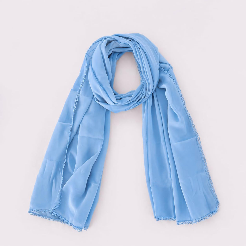 Ravaiyaa Women Solid Chiffon Scarves With Lace Border | Women Lightweight Breathable Solid Color Soft Chiffon Long Fashion Scarves Sun-proof Shawls Wrap (Light Blue)