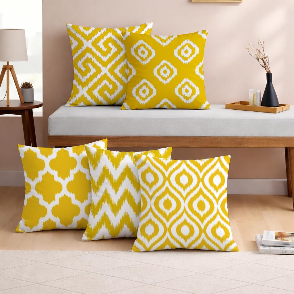 STITCHNEST Set of 5 Polycotton Cushion Covers – 18x18 Inches – Yellow & White Ikat Geometric Print – Elegant Cushion Covers for Sofa & Living Room | Perfect for Home Decor