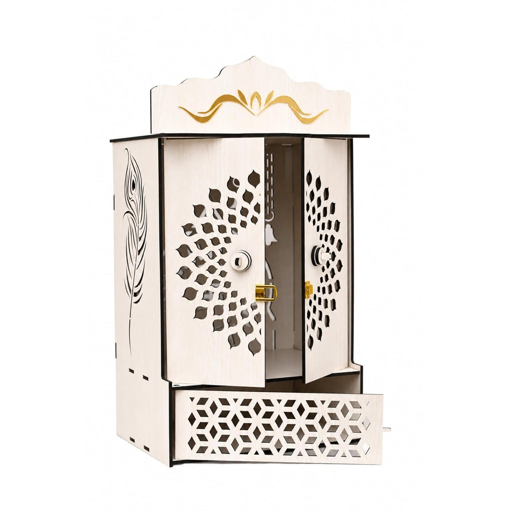 Venlay Wood Wooden Home Mandir with Double Door & Bell | Laser Cut Mandala Jali Cabinet Temple | Peacock Feather Engraving | MDF Pooja Ghar with Storage Drawer |Gold Motif Header (White)