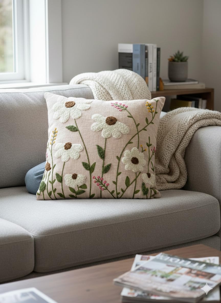 CASA-NEST Linen Embroidery Cushion Cover, Size -16x16 inch, Pack of 2 pc, Decorative Sofa Cushion (Beige, 2)
