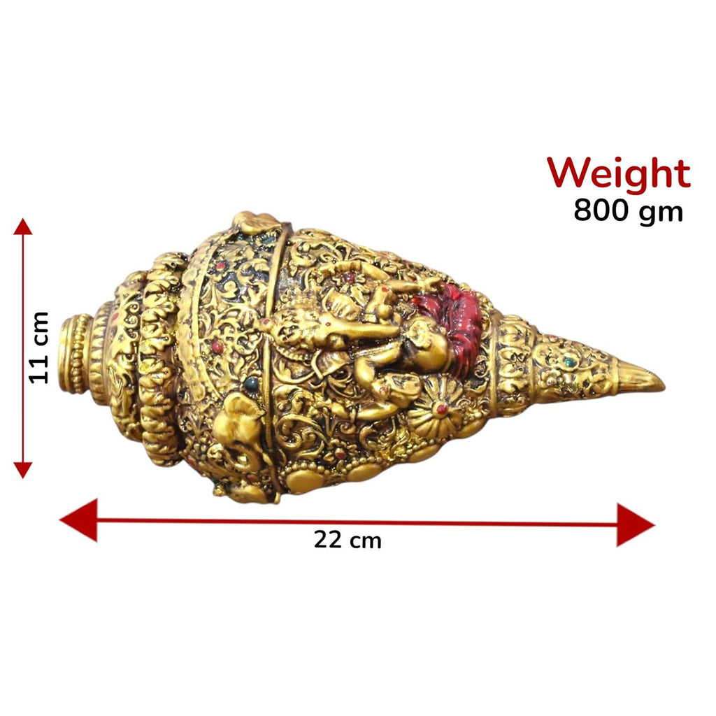 KridayKraft Decorative Lord Ganesha Shank, Gold-Toned, Conch Shell for Wealth, Prosperity and Good Luck Intricate Design, 22cm (9) x 11cm (4) polyresin