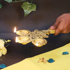 Artvarko Brass 3 Wick Diya with Handle for Aarti Pooja Incense Burner Loban Holder 6x12 Inches