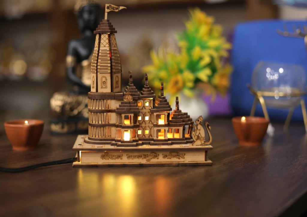 A & S VENTURES Wooden Ram Mandir Ayodhya Model Authentic Design Ideal for Home Temple, Home Decor & Gifts (with LED Light)