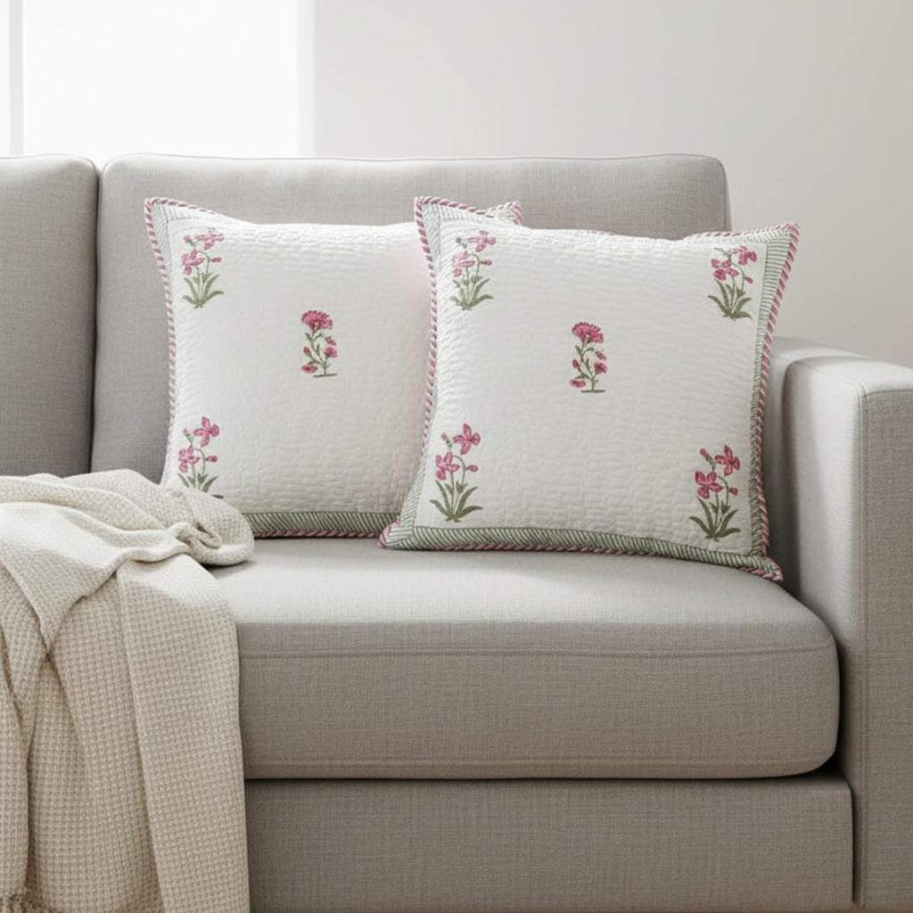 HOMEMONDE Pack Of 2 Floral Hand Block Print Soft Throw Cushion Cover - Pink 24 X 24 Inches Quilted Cotton Sofa Pillow Case For Home Decor, 300 TC