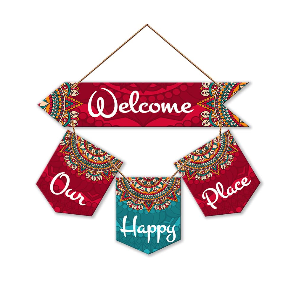 Artvibes Welcome Our Happy Place Wooden Wall Hanger for Gateway | Quotes Decor Item | Door Quotes Hanging | Wall Poster | Modern Decor Items | Gift Items for Home Decor | Wall Accent (WH_6420N)