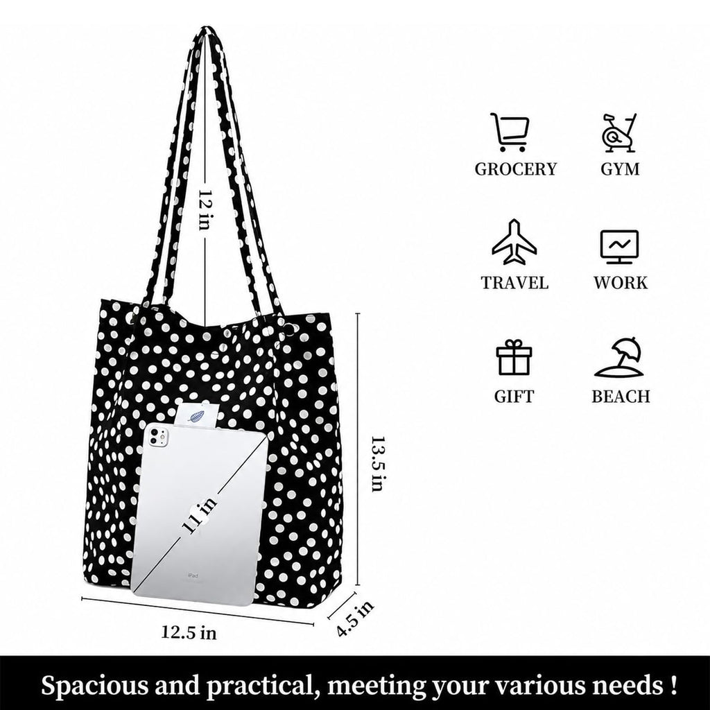 Lyrovo Women Corduroy Shoulder Tote Bag for Work Beach Travel and Shopping Grocery (White Polka)
