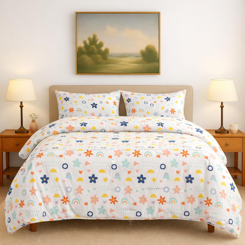 Bhoomi Impex Double Size - 90x100 Comforter Set, 4 Pieces Bed in a Bag, Complete Bedding Set Includes Rainbow Splash Comforter, Flat Sheet, 2 Pillowcases, Rainbow Splash Kafalo