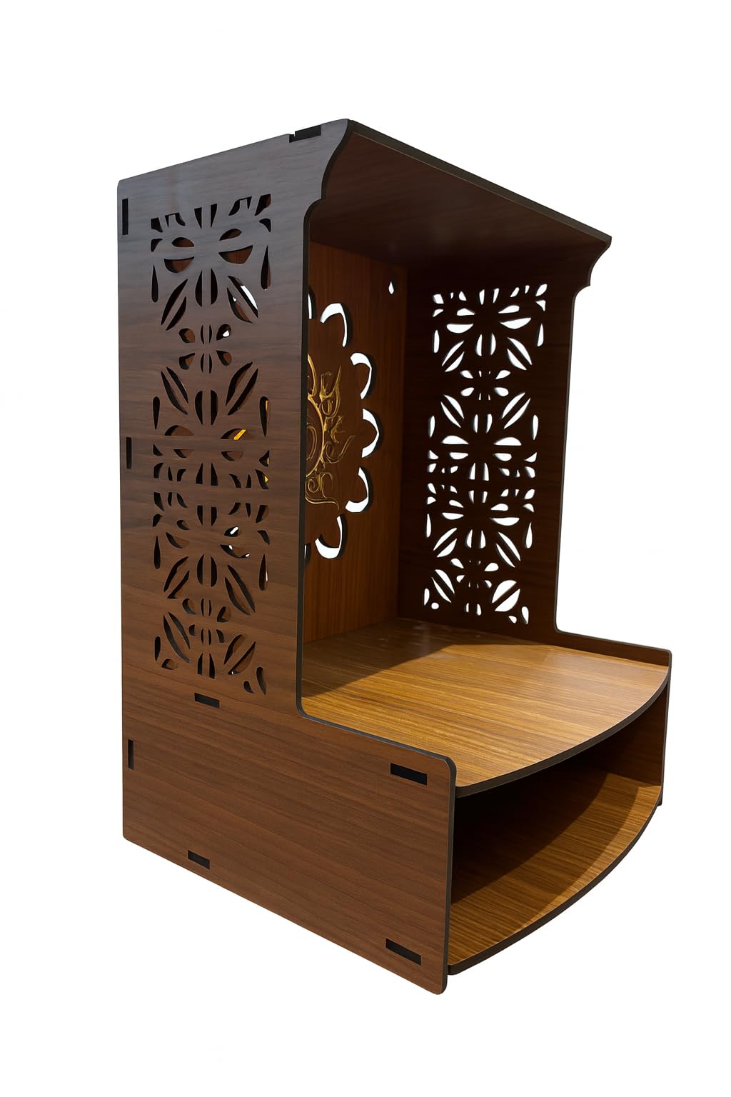 WIZZARTPRINTS Beautiful Wooden Pooja Stand for Home Mandir with LED Spot Light | Wall Mounted Temple for Home and Office | Compact Wooden Puja Mandir Desing 2