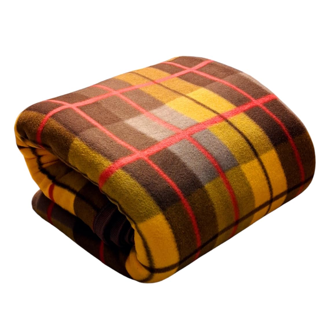 CHANDRAVATI Modern Check Polar Fleece All Season Blanket Single Bed with || Satan Border || 500 TC || Heavy Quality || (Golden Brown, 60x90) Kafalo