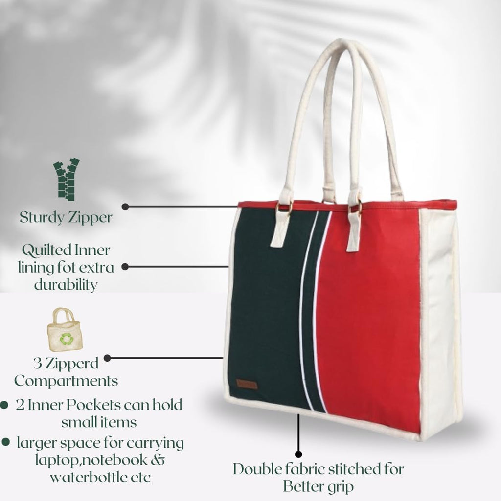 ENSAC Premium Cotton Tote Bag for Women, Stylish Handbag for women with Zip Closure | Fit for Office Bag, College, Travel Use | Handcrafted in India (Cutwork-tote-big) (Red-Black)