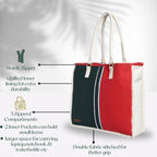ENSAC Premium Cotton Tote Bag for Women, Stylish Handbag for women with Zip Closure | Fit for Office Bag, College, Travel Use | Handcrafted in India (Cutwork-tote-big) (Red-Black)
