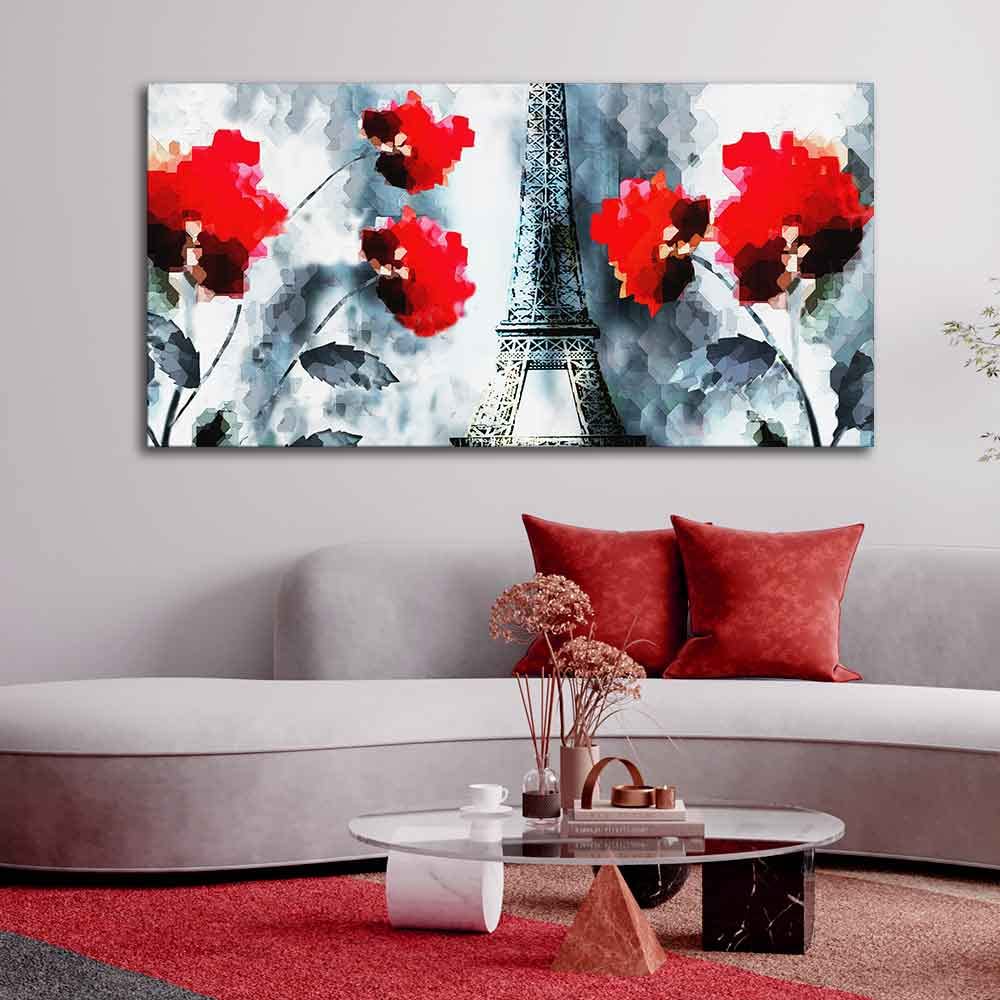VIBECRAFTS Canvas Paintings for Living Room Drawing Room Eiffel Tower And Flowers Canvas Wall Painting Fitted With Wooden Frame For Home | Office | Living Room | Gifts (PTVCH_2561)