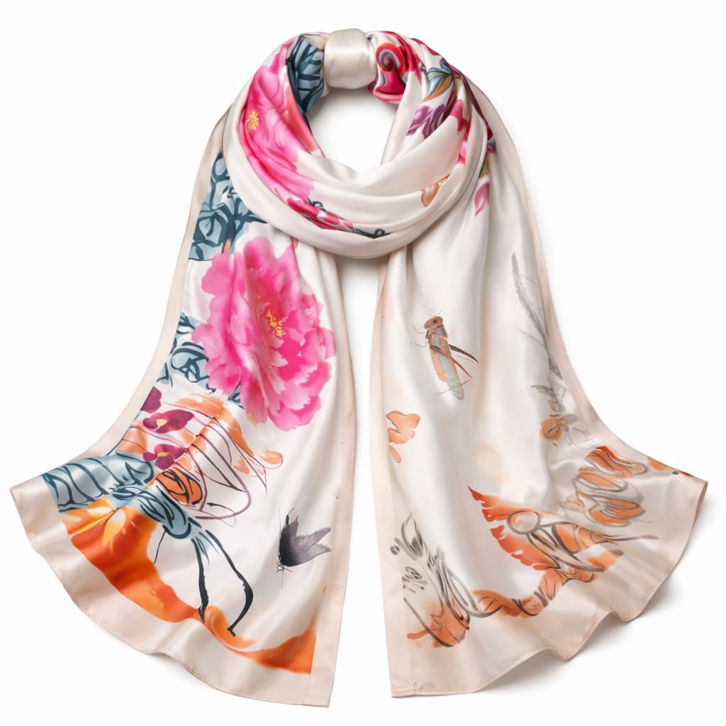 SWANKY Silk Stoles For Women Stylish Latest, Scarf for ladies & Girls, Head Neck Scarves, duppatta for girls (Orange & Pink Flower)