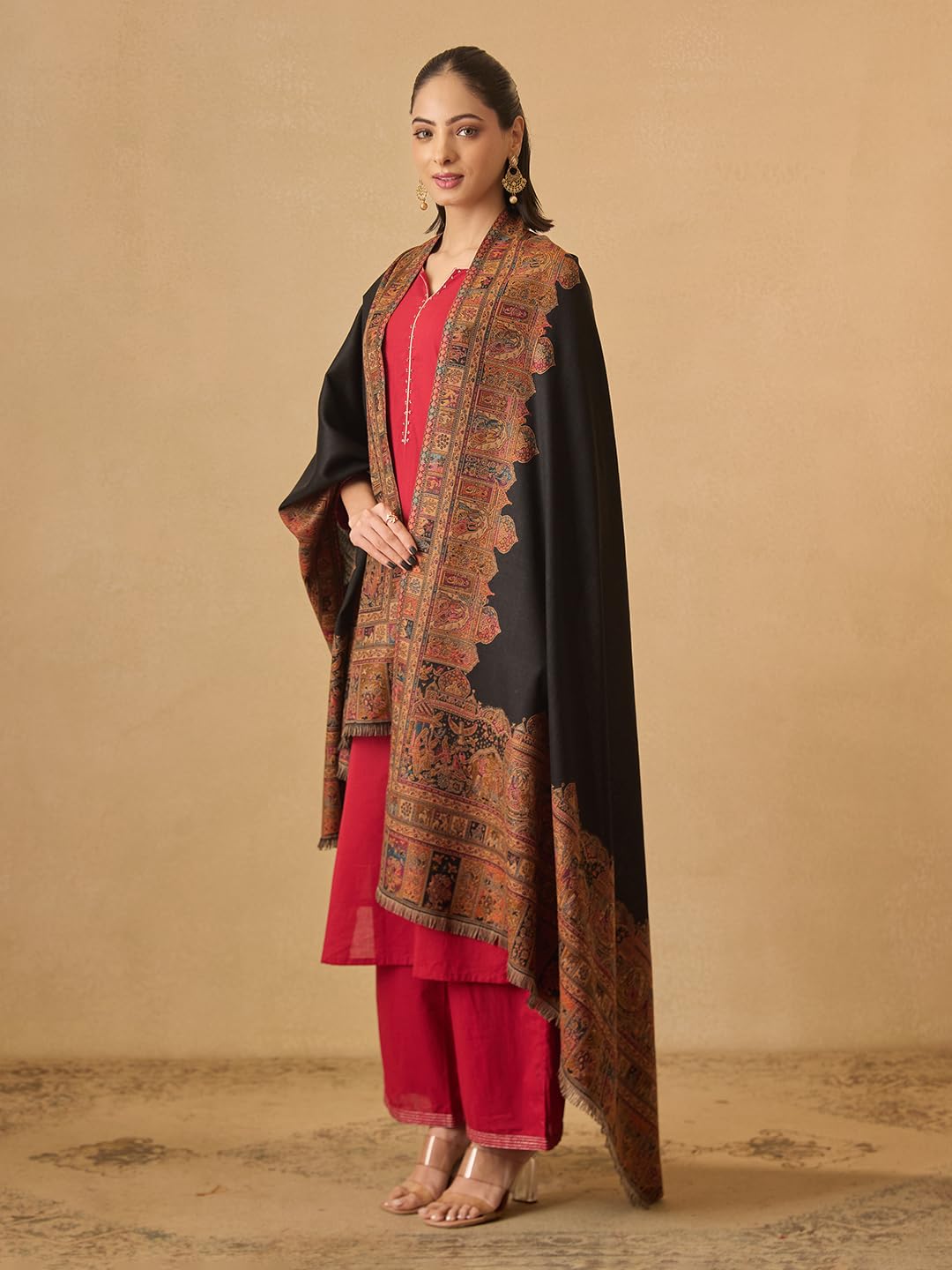 Pashmoda Women Arcadia Borders Kashmiri Jamawar Woven Design Shawl (Size: 40x80in, 101x203cm) SECS55