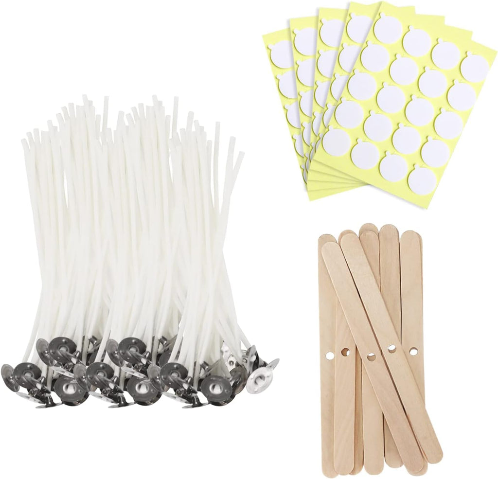 Candle Making Kit, 50 Cotton Wicks 4(10 cm), 54 Wick Stickers, 10 Wooden Wick Holders