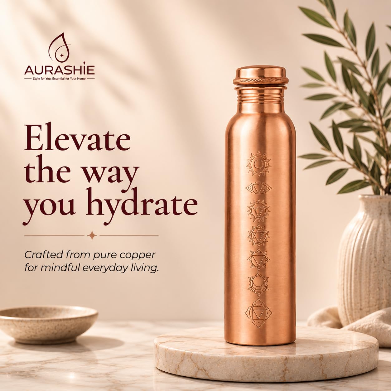 AURASHIE Pure Copper Water Bottle 1 Litre with Sacred (7 Chakras) Geometry Design | BPA Free & Leak Proof | Copper-Infused Water | Durable & Rust Proof | Ayurveda Health Benefits - (Plain Copper)