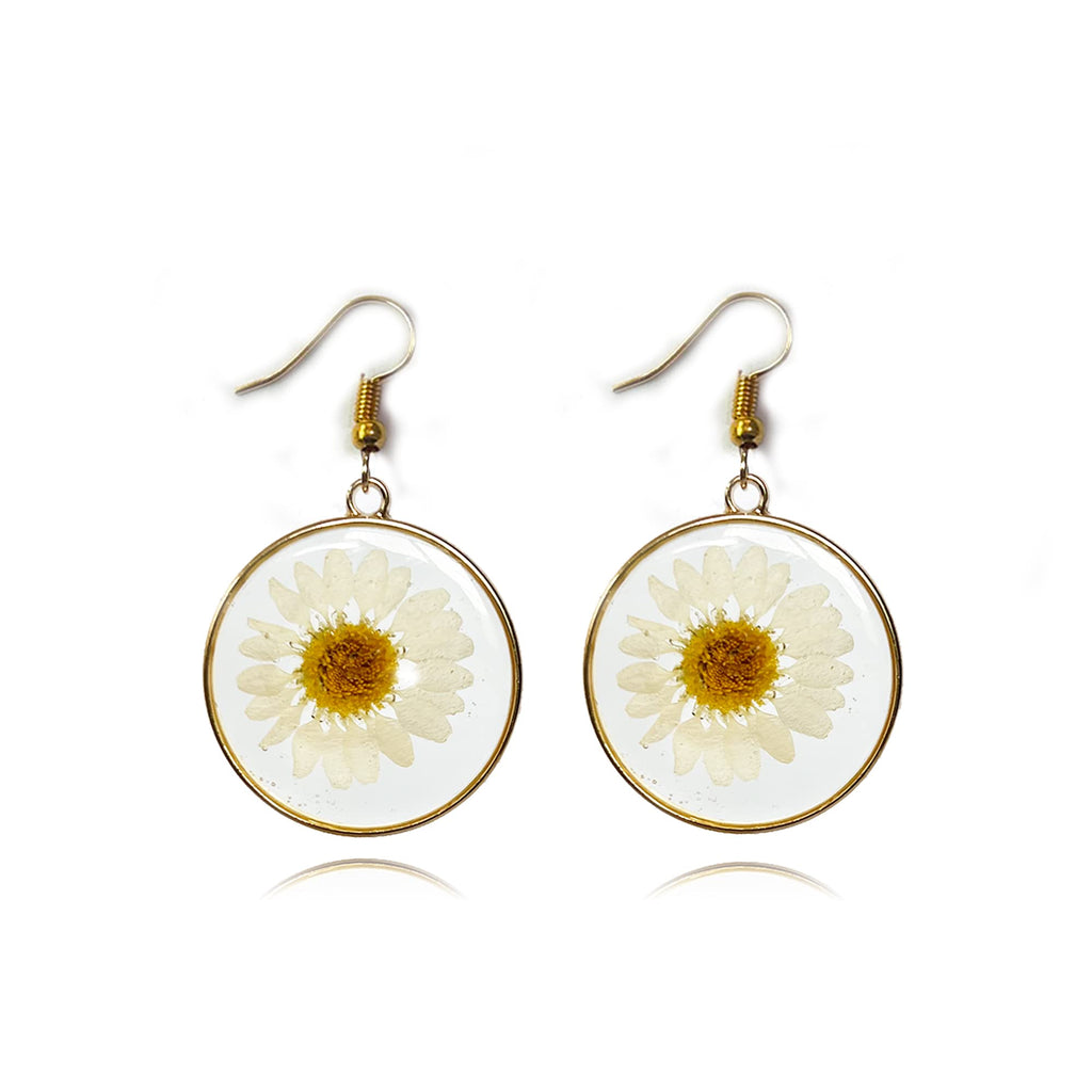 Locrccl Daisy Pressed Flower Earrings - Handmade Resin Real Dried Floral Teardrop Dangle Earring - White Spring Jewelry for Women, Polyester, No Gemstone