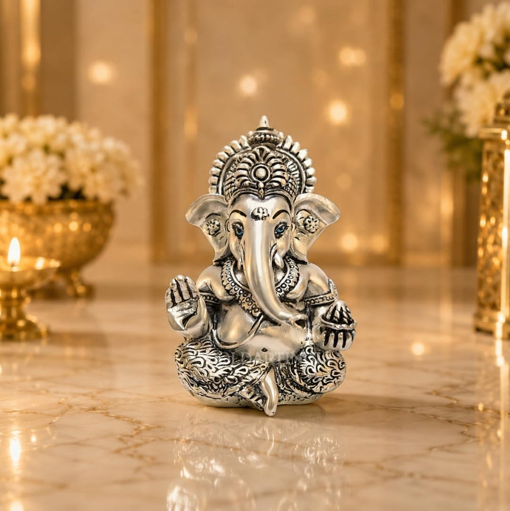 Gold Art India Lord Ganesha 999 Silver Plated Idol | Antique Matte Finish | Premium Velvet Gift Box | Ganesh Murti for Car Dashboard, Home Temple, Office Desk | Luxury Spiritual Gift for Housewarming
