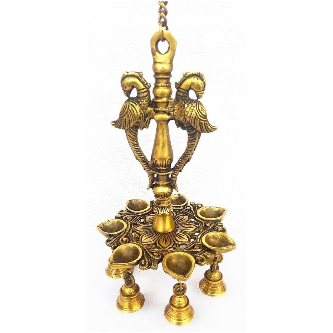 Artvarko Brass Handmade Double Peacock Design 7 Oil Wick Hanging Diya Chain with Bells for Home Decor, Temple Showpiece.